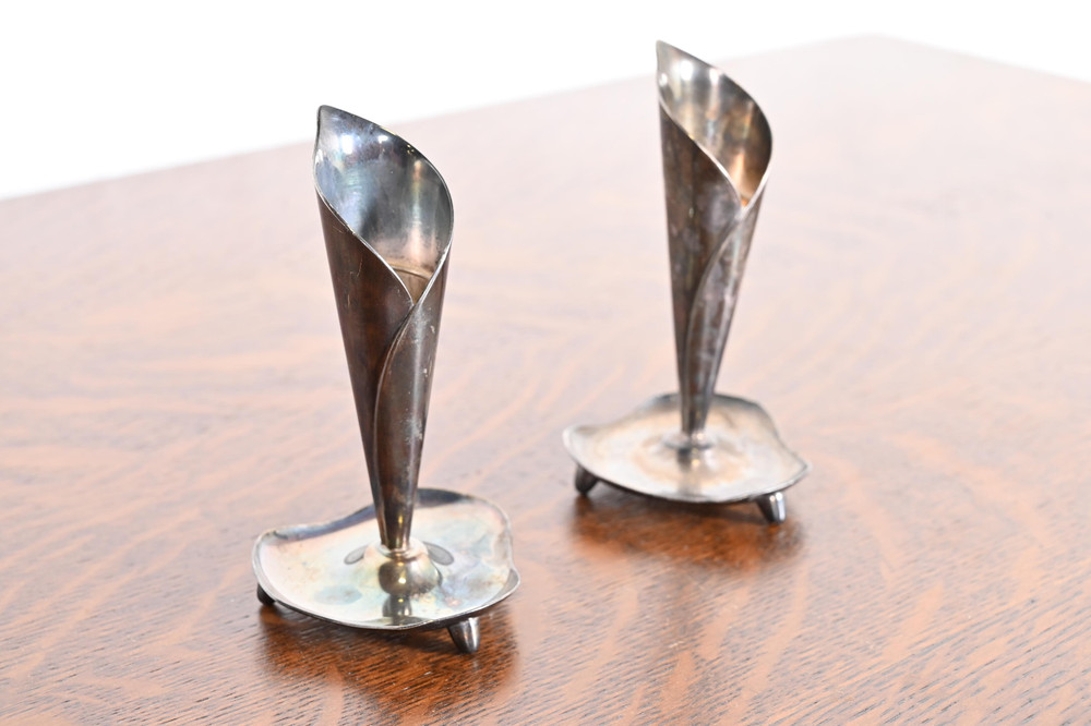 Hans Jensen Danish Modern Calla Lily Silverplate Candlesticks, Pair