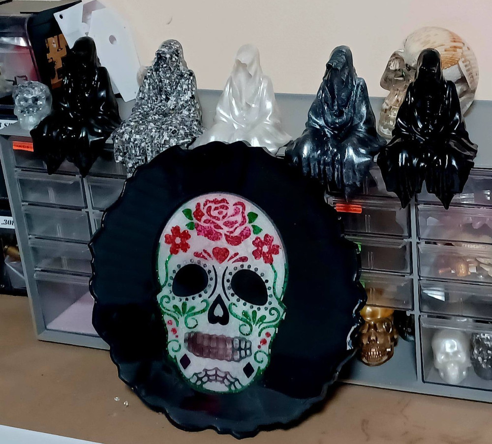 This is an original handmade Sugar Skull resin art work.