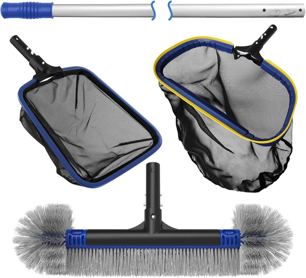 5-In-1 Pool Cleaning Kit - Includes Semi-Deep Skimmer Net, Aluminum Leaf Rake, 2