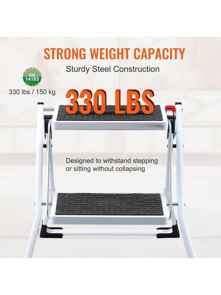 Two-step folding ladder stool, 330 lbs load capacity, wide, non-slip footrest.
