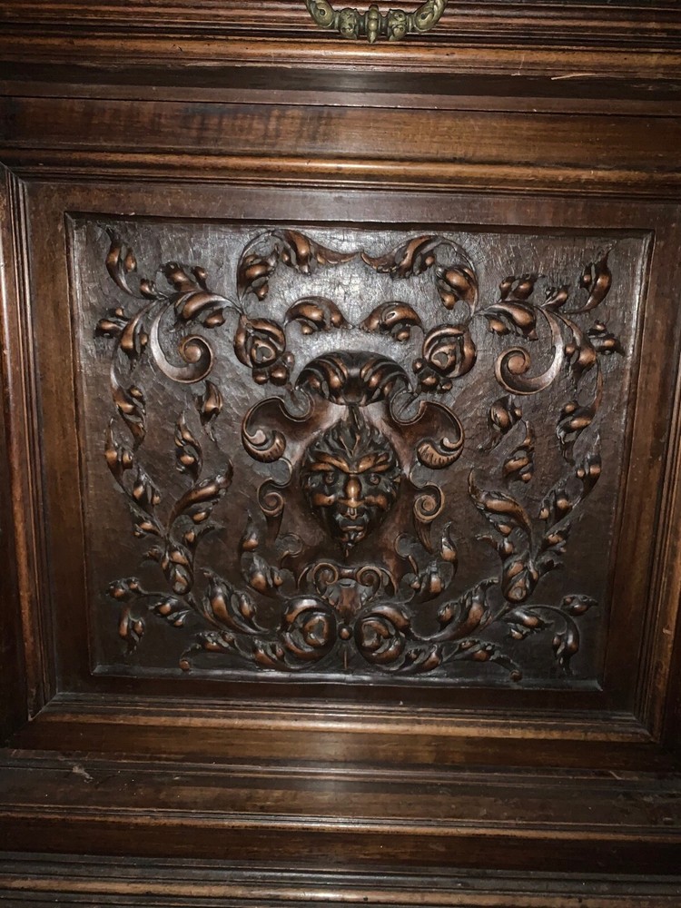 Antique Renaissance Carved Figural Cabinet Cupboard Devil Faces Dragons Griffins