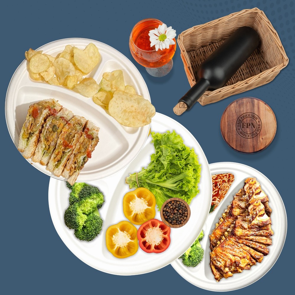 Disposable 10" 3 Compartments Paper Plates, Compostable Dinner Plates -FPN