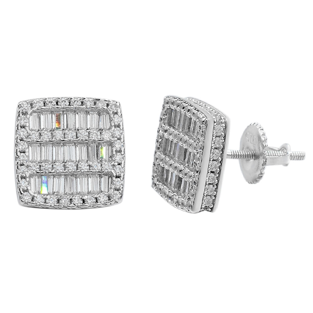 Mens Real Solid 925 Sterling Silver Iced Baguette CZ Earrings Studs 10mm Aretes