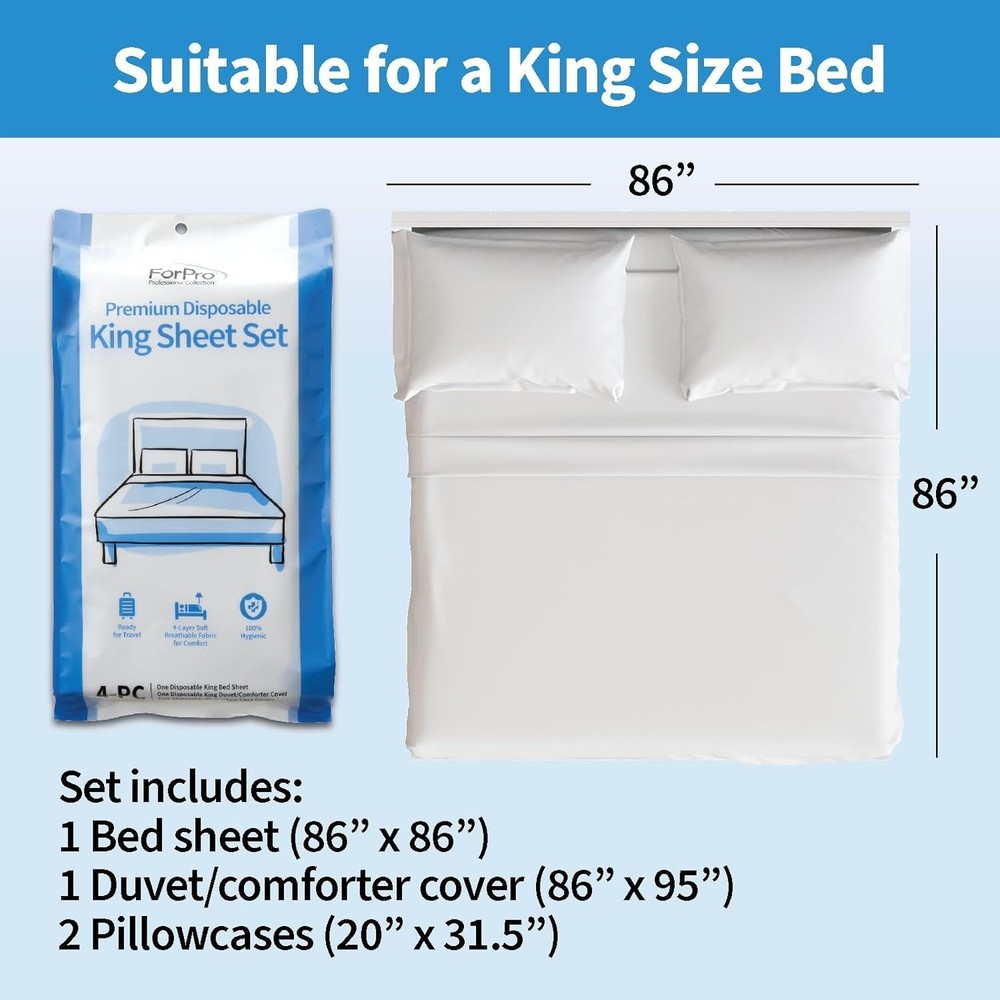 ForPro Premium Disposable Sheet Set 4-PC King Size Bedding Travel Includes Bed