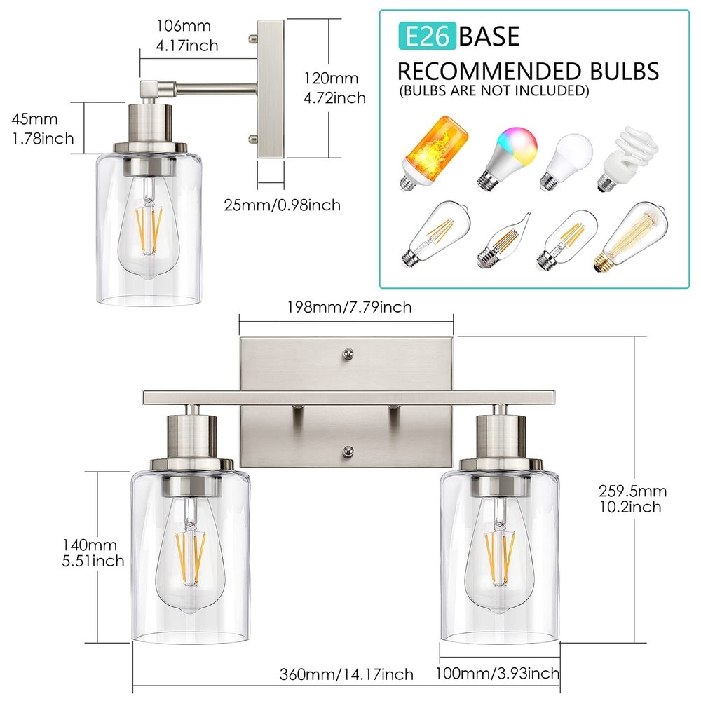 ShineTech 2-Light Bathroom Light Fixtures, Modern Vanity Lights with Clear Gl...