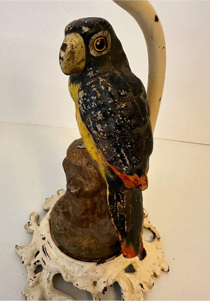 CAST IRON Antique Table LAMP Whimsical Bird, PARROT on a Tree stump