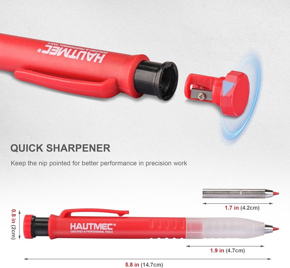 HAUTMEC Mechanical Carpenter Pencil Deep Hole Marker w Sharpener 7 Leads Tool