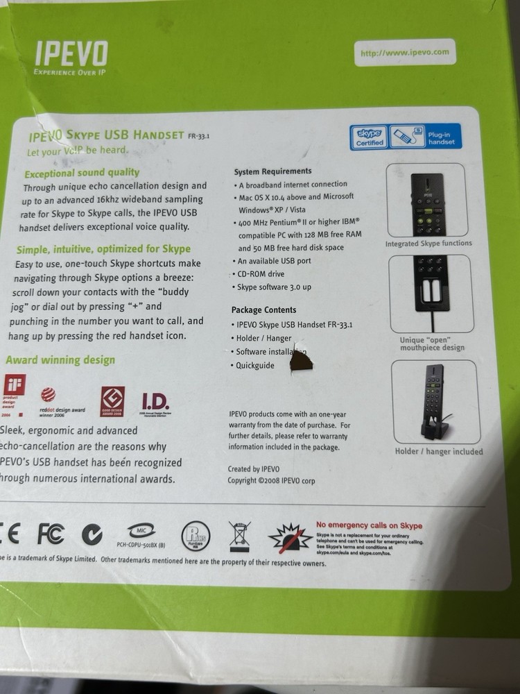 IPEVO Cdpu-05lp Skype USB Handset For Pc/mac One Touch W/holder