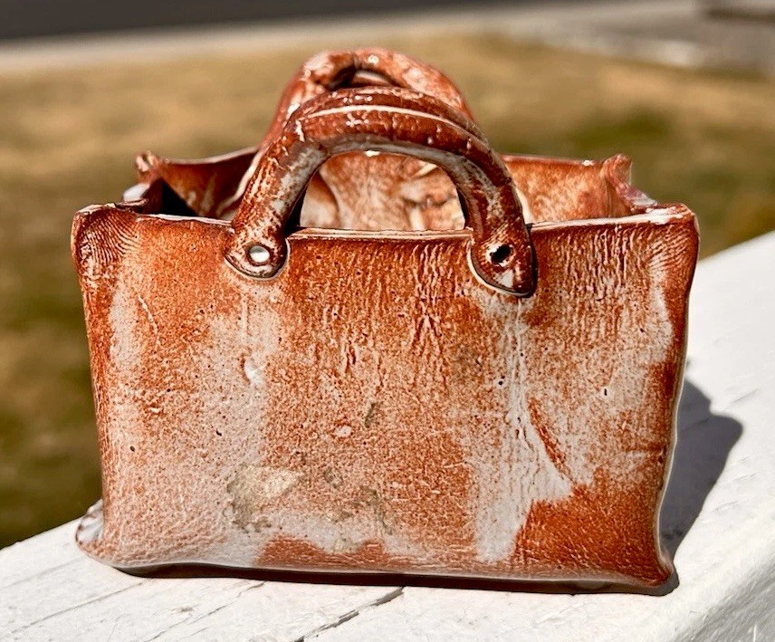 Studio Art Pottery Planter Handbag Purse Brown Small Signed
