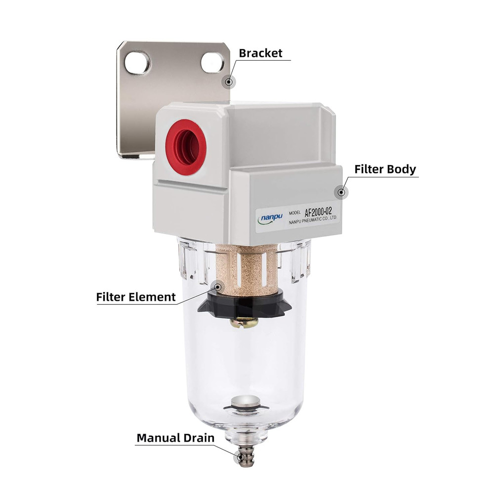 1/4" NPT Compressed Air Line Filter, 5 Micron Brass Element, Bracket, Poly Bowl,