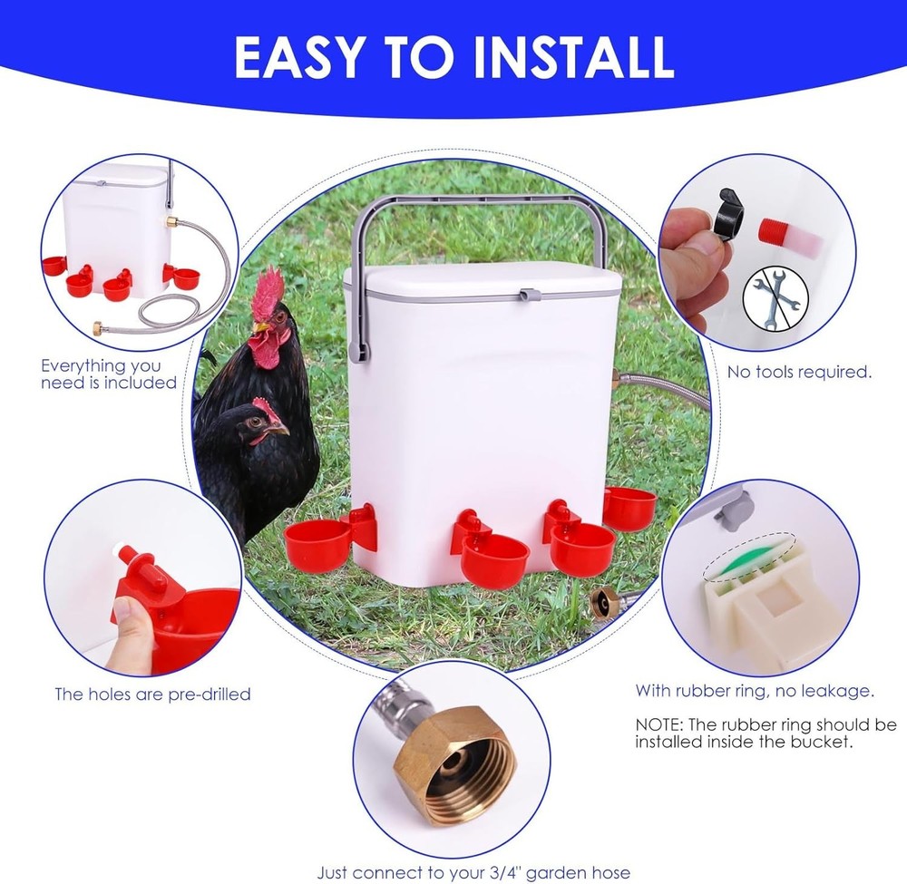 Automatic Chicken Waterer with Float Valve Kit Hose Attachment and 4 Poultry ...
