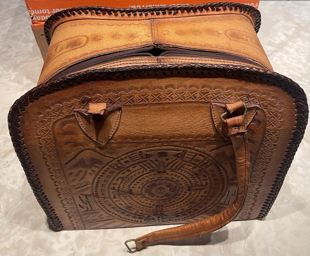 Vintage Tooled Leather Bowling Bag Mexican Aztec Mayan Western - Broken Handle