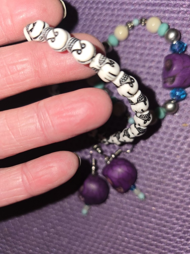 Skull Ear Ring & Bracket Set With Multiple Extra Multi Color Bracelts Set