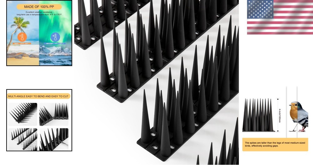 High Coverage 4ft Bird Spikes - Black Raccoon & Woodpecker Deterrent Solution