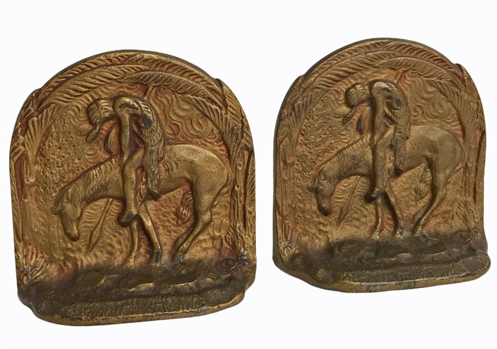 Native Indigenous warrior Cast Iron small Metal Bookends Vintage
