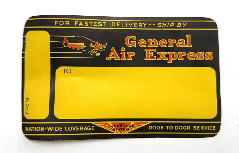 1930s General Air Express Colorful Package Label with Plane