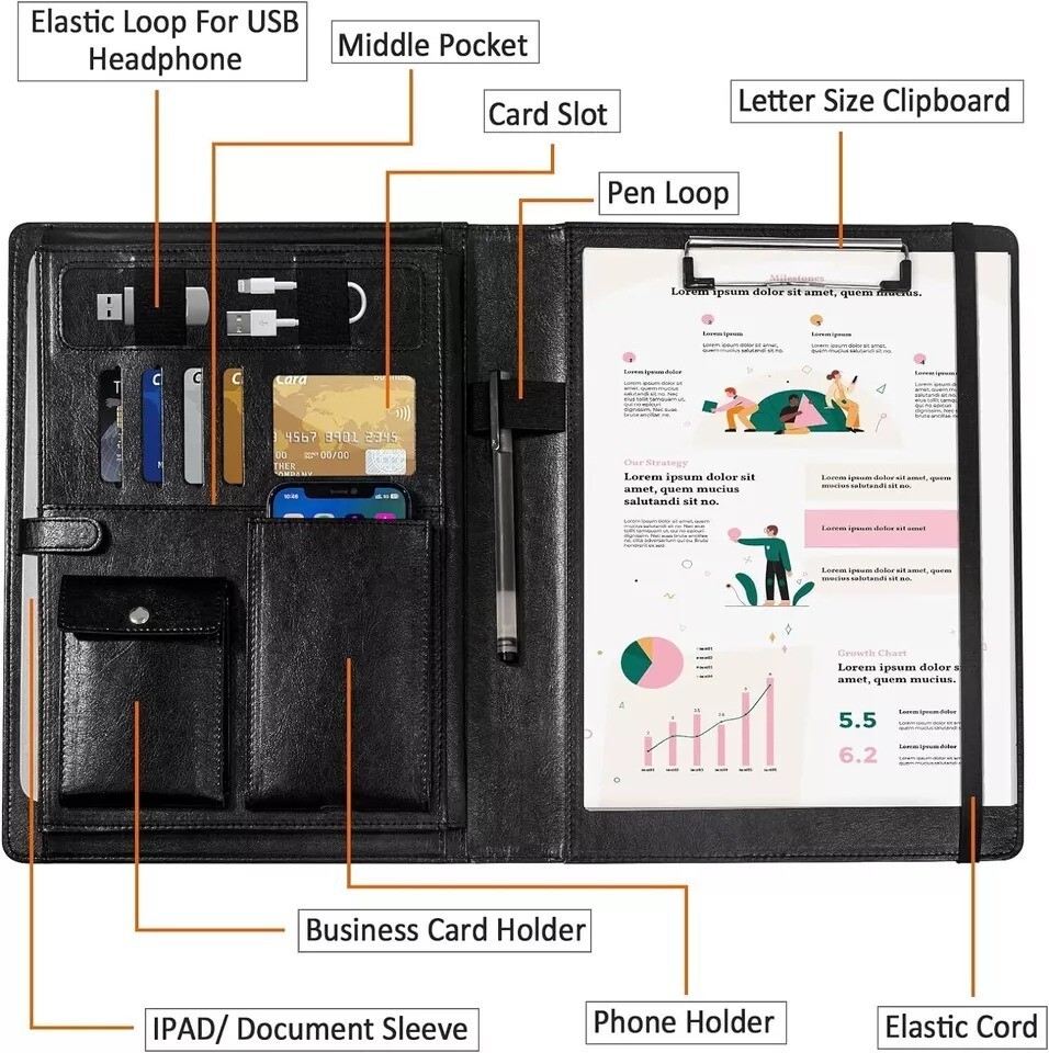 Leather Padfolio Business Portfolio Notebook Binder Office Organizer & writing
