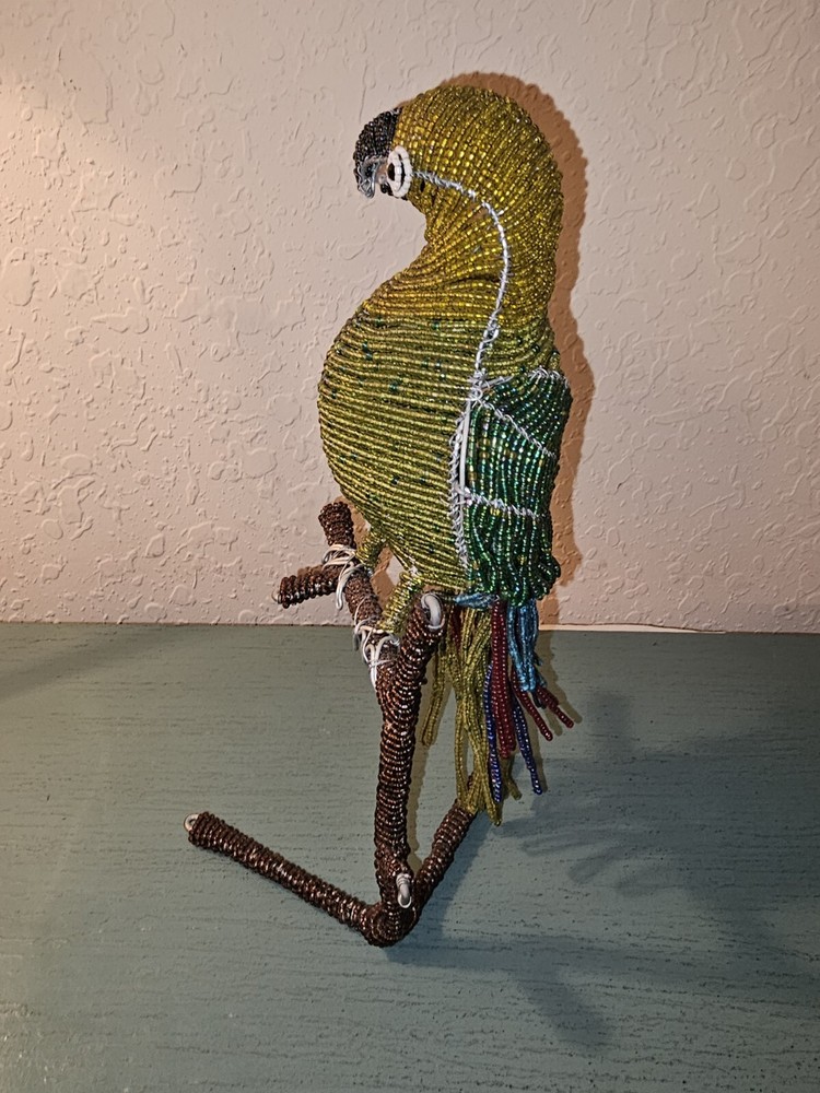 Vintage BeadWork On Wire Parrot On Perch-12" Tall, Excellent