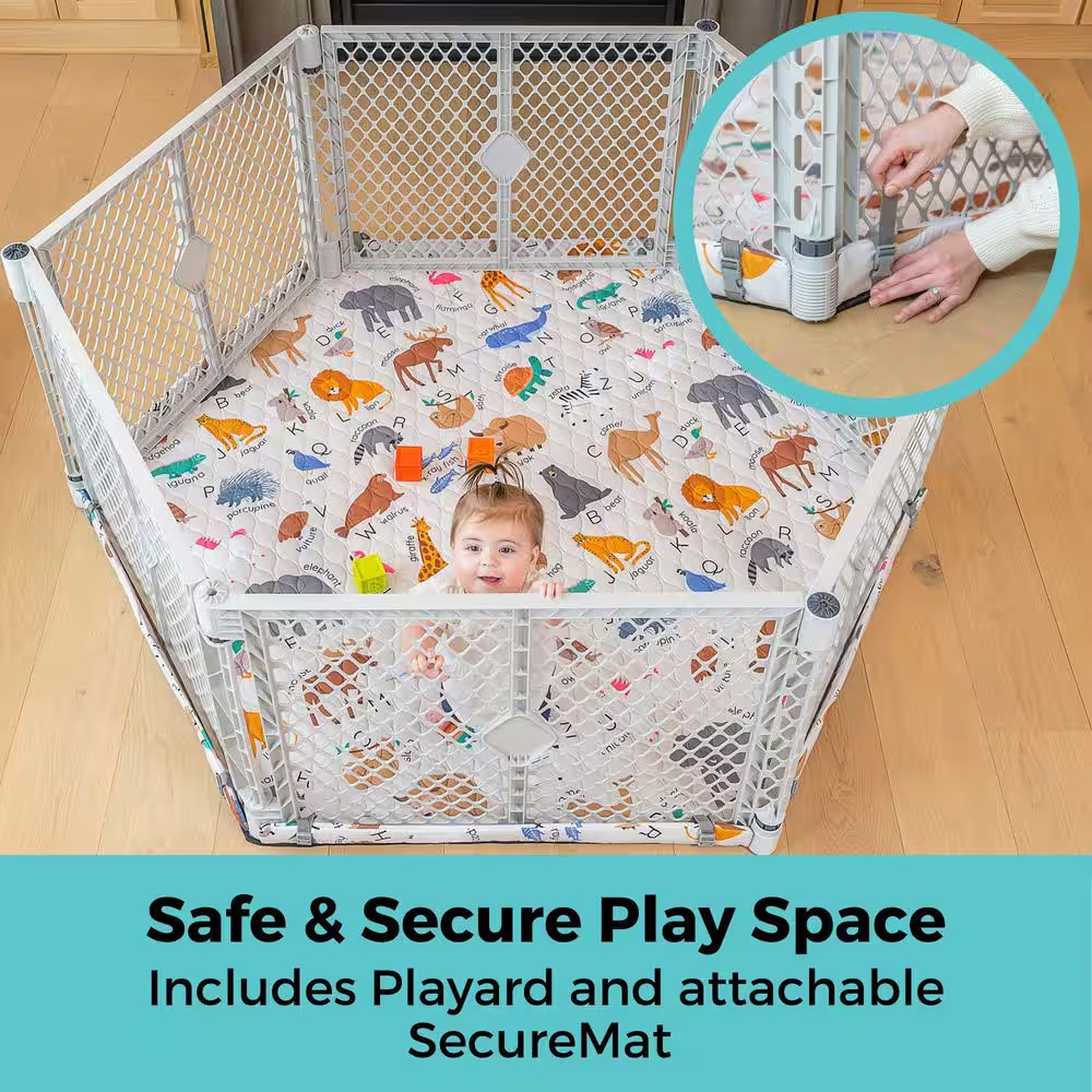 Superyard Nook, 6-Panel Light Gray Playard with Animal ABC Securemat Playmat