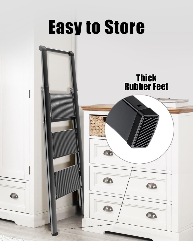 3 Step Ladder, Slim Folding Steps Stool with Handrail, Iron Foldable Black La...