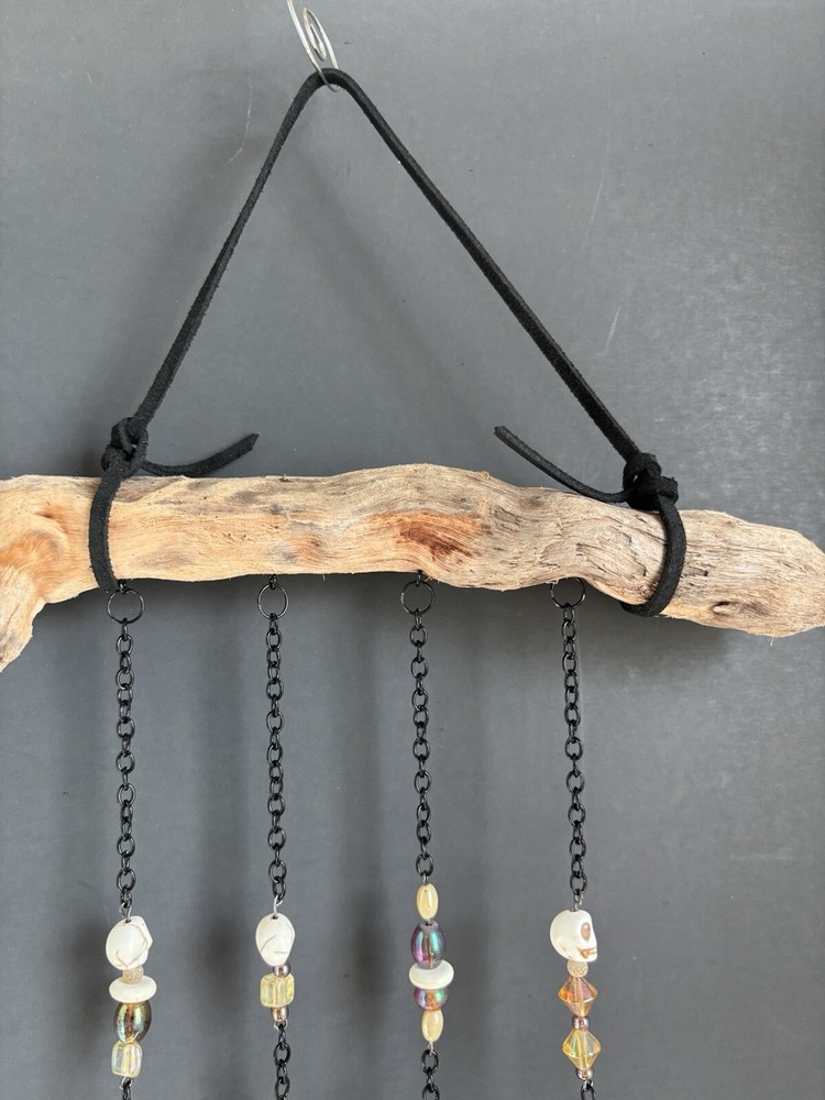 Driftwood Skull Sun Catcher Brown Beads Black Chain