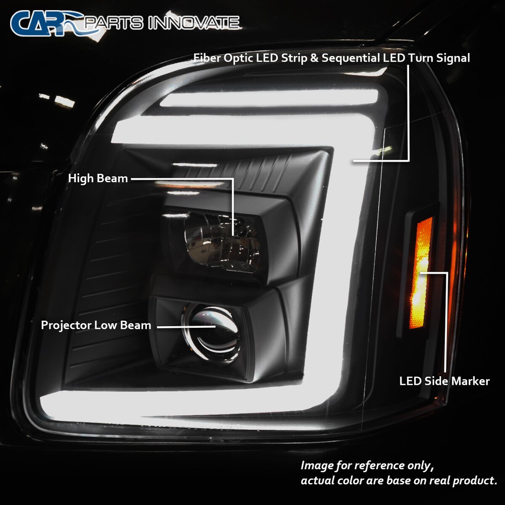 Fit 2007-2014 GMC Yukon XL Smoke Projector Headlights+Sequential LED Bar 07-14