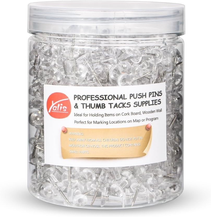 Push Pins 600 Count - Clear Thumb Tacks with Reusable Container for Storage