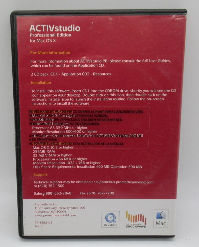 ACTIVSTUDIO - PRO ED. FOR MAC OS X PROMETHEAN SOFTWARE FOR YOUR WHITEBOARD 2 CD