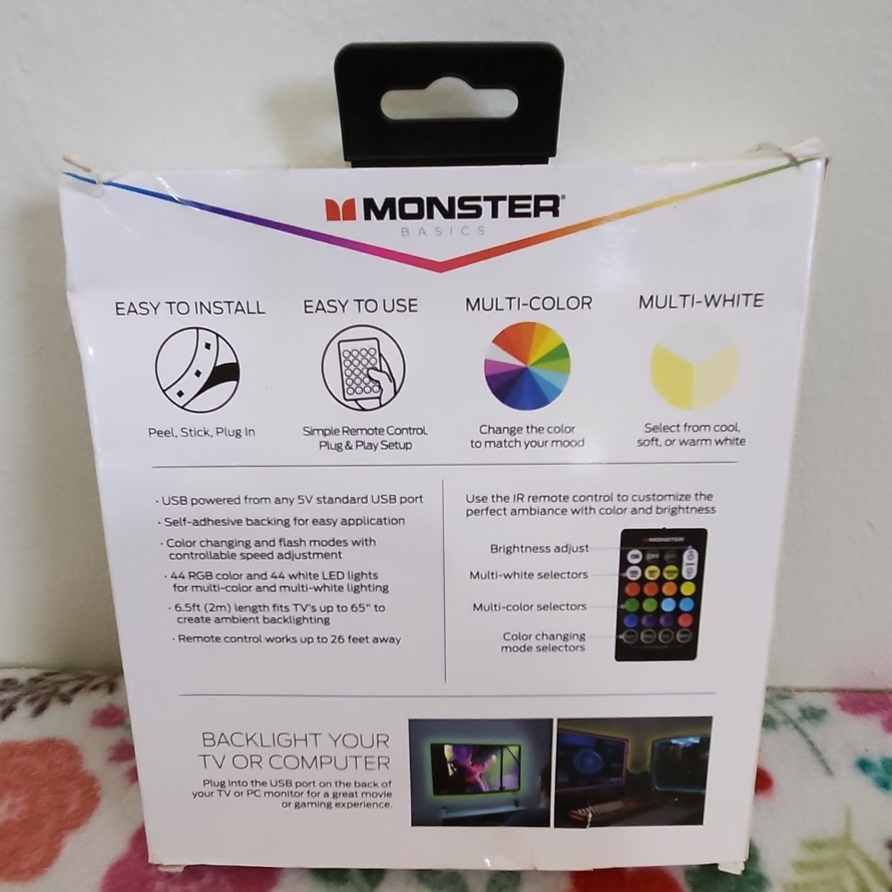 Monster Basics Multi-Color/Multi-White LED Light Strip Remote USB 6.5 ft
