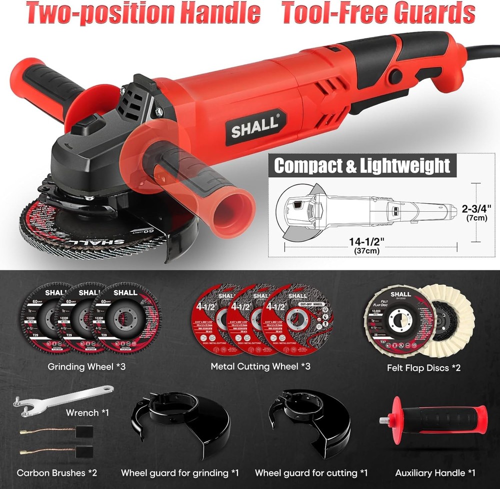 Angle Grinder Tool 7.5Amp 4-1/2 Inch, 6-Variable-Speed Grinders Power Tools, Ele