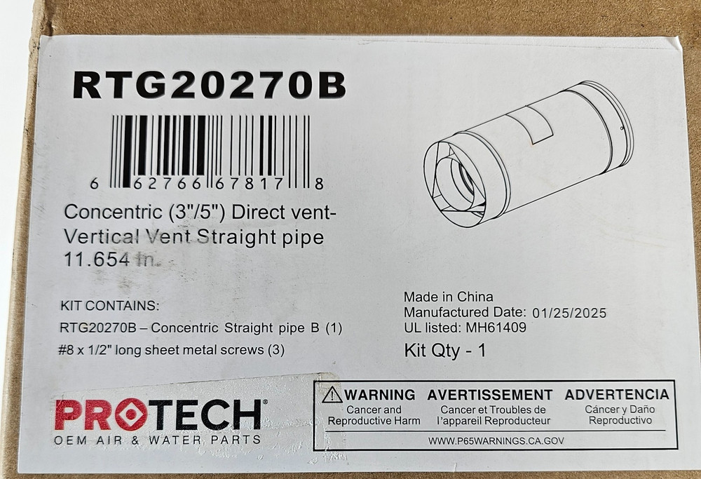 PROTECH RTG20270B 3"/5" Direct Vent Vertical Straight Pipe Kit New