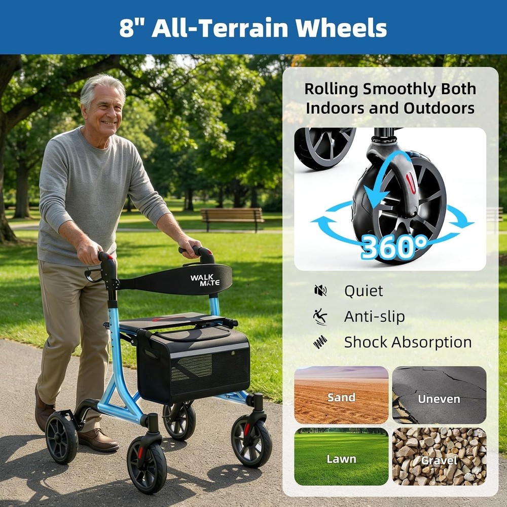 Adjustable Height Rollator Walker for Seniors - Blue