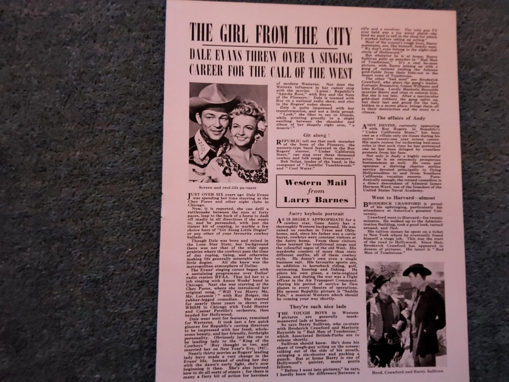 Xm52  Ephemera 1948 Film Article Folded Dale Evans