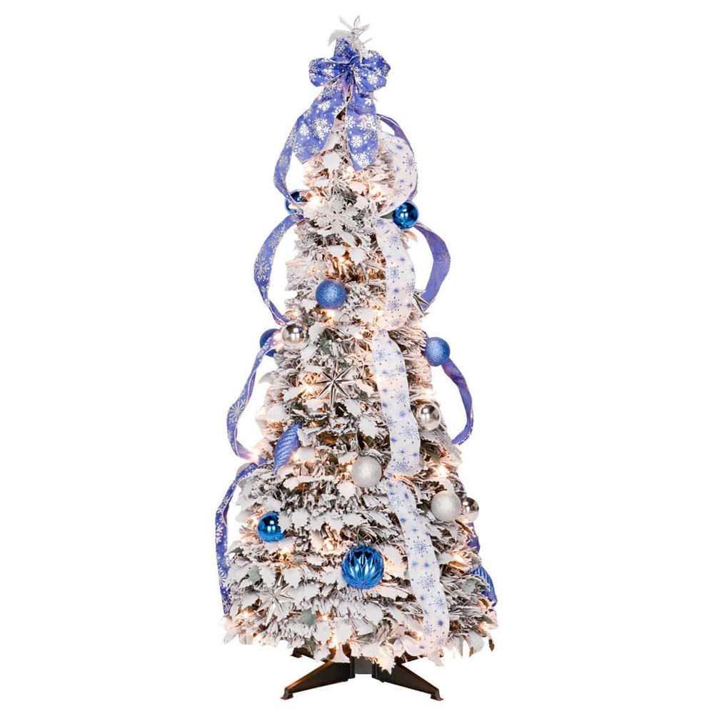 4-Foot Fully Decorated Blue & White Bow Pull-Up Collapsible Christmas Tree