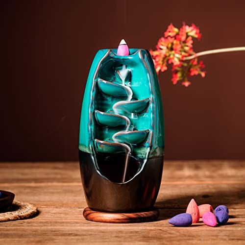 Ceramic Incense Burner with 100 Upgraded Cones, Waterfall Backflow Cyan