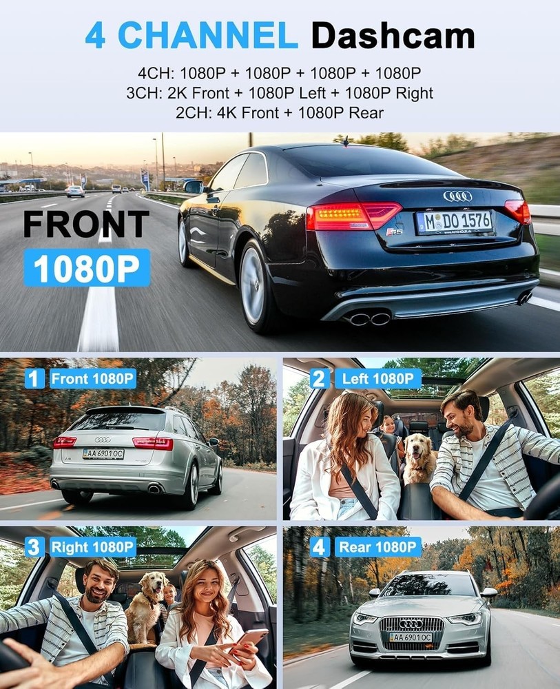 Dash Cam 4 Channel 360° Front Rear Inside DashCam 3.18” IPS Screen WDR Night
