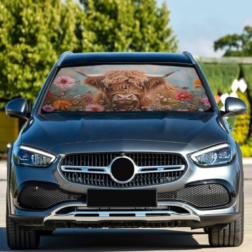 Windshield Sun Shade Umbrella Highland Cows Florals Foldable Car Front multi 9