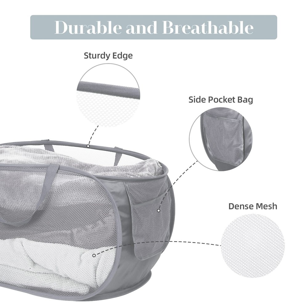 3 Pack Collapsible Laundry Basket Mesh Pop Up Hamper Foldable Grey Clothes