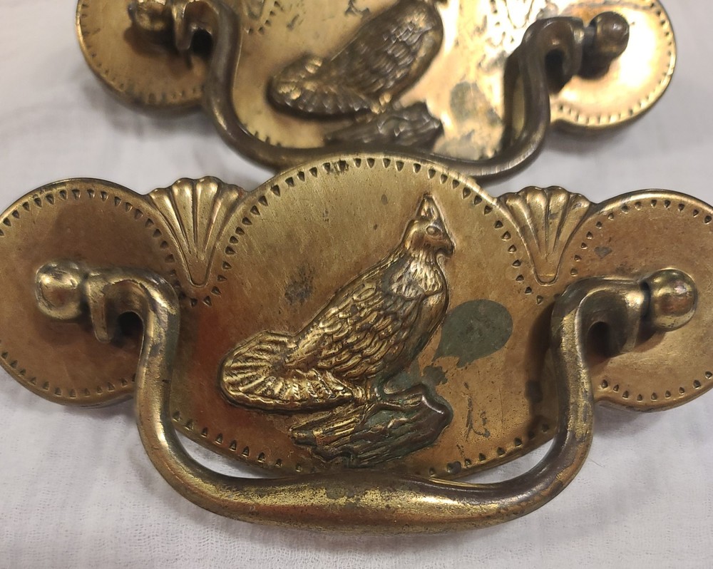 2 Vintage Ornamental Brass Drawer Pulls With Grouse Birds