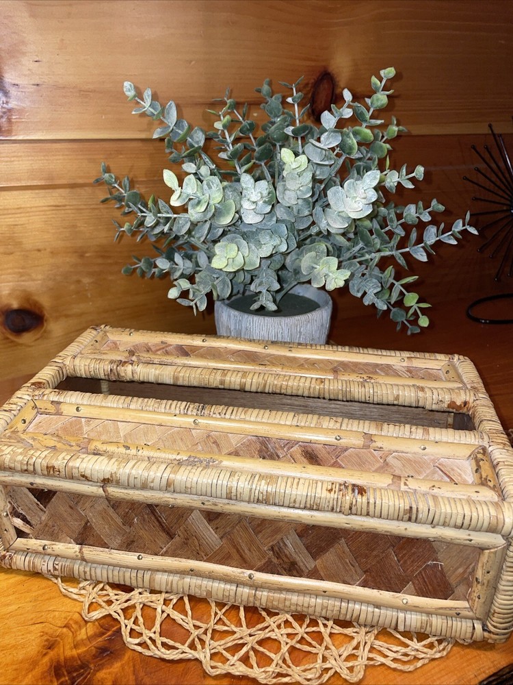 Vintage Tissue Box Cover Holder Bamboo Rattan Wicker Coastal Boho Rectangular