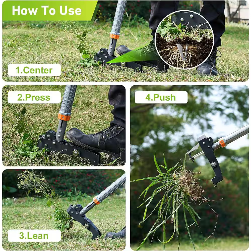 Stand up Weed Puller Tool with 4-Claw Steel Head, 39-46 Adjustable Handle, Easy-