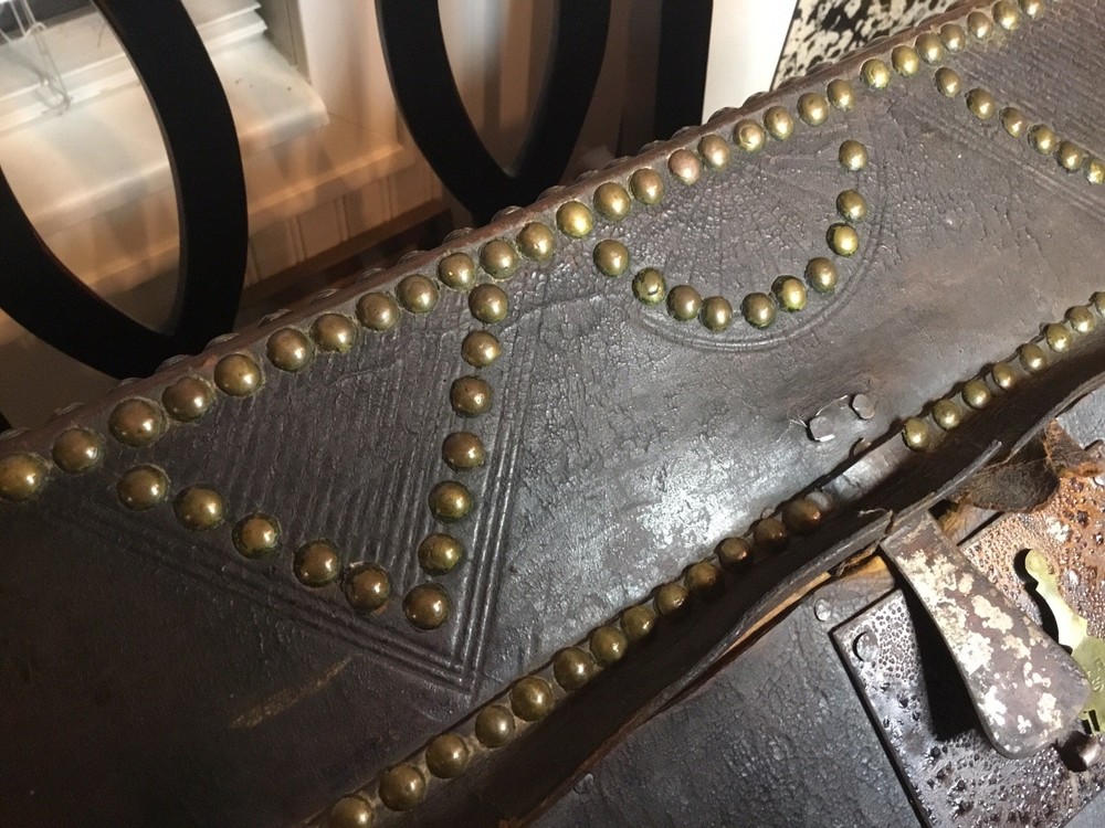 AUTHENTIC ANTIQUE PORTUGESE STUDDED LEATHER STORAGE TRUNK