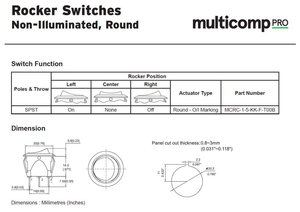 Multicomp Pro SPST On-Off Rocker Switch, Round Panel Mount, 15A @ 125VAC