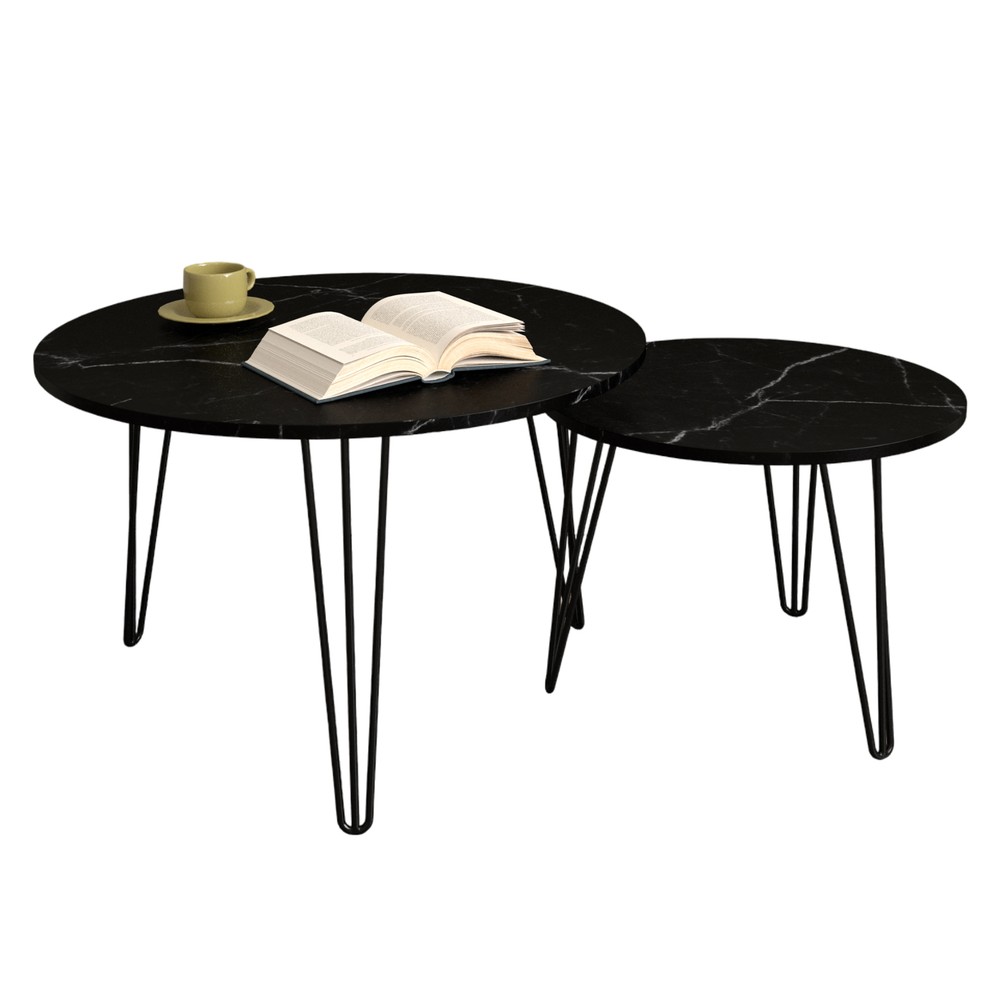 Round Nesting Coffee Table Set of 2, End Table Set, Imitation Marble Grain