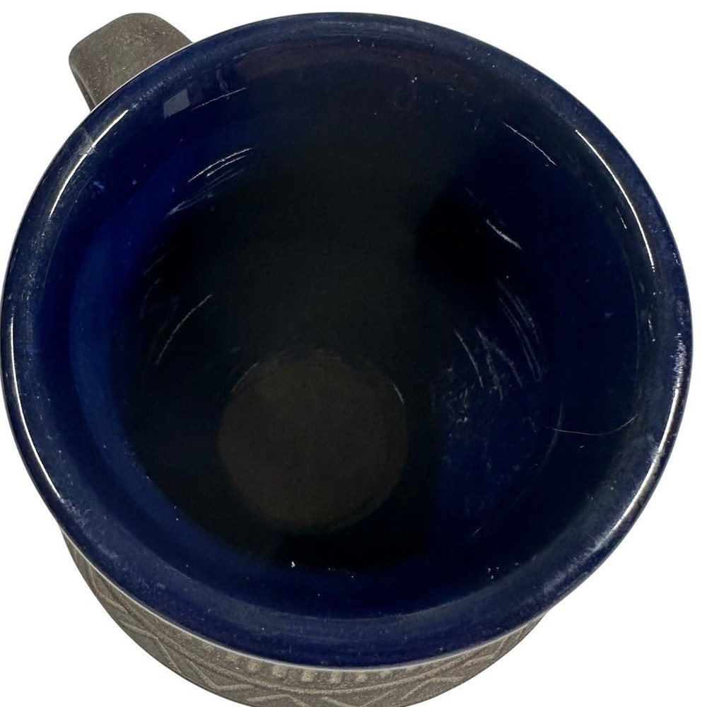 Signed Pottery Mug With Handle Exterior Textured Design Blue Glaze Interior