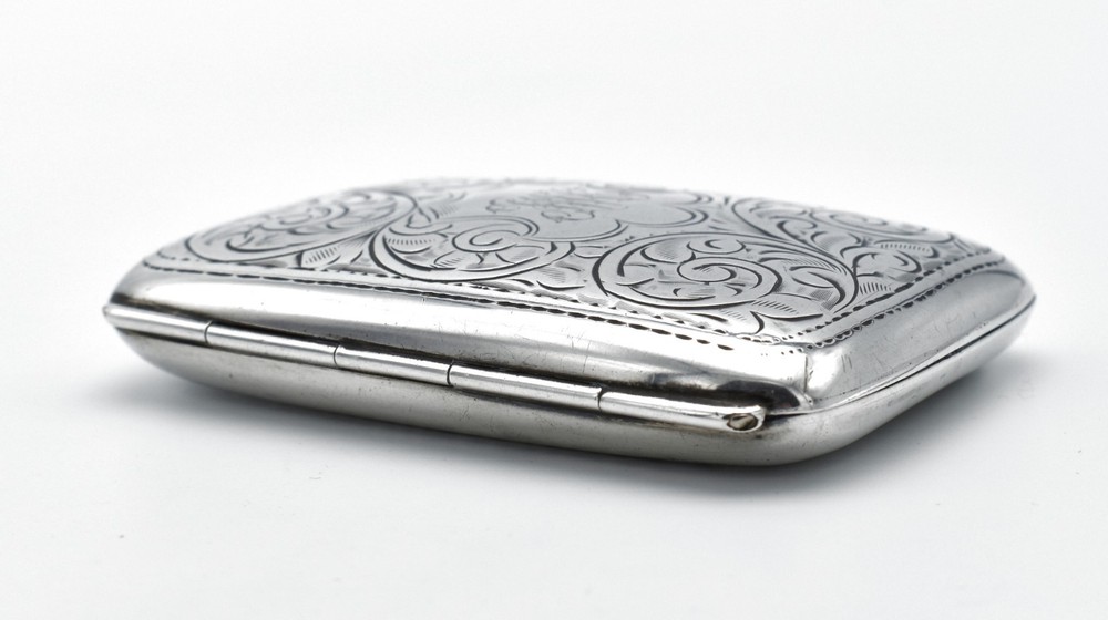 Antique Solid Silver Cigarette Case Pattern Engraved 1918 Curved Acanthus