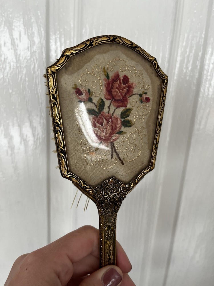 Vintage Embroidered Scroll Work Hand Held Vanity Mirror & Brush Set Gold Tone