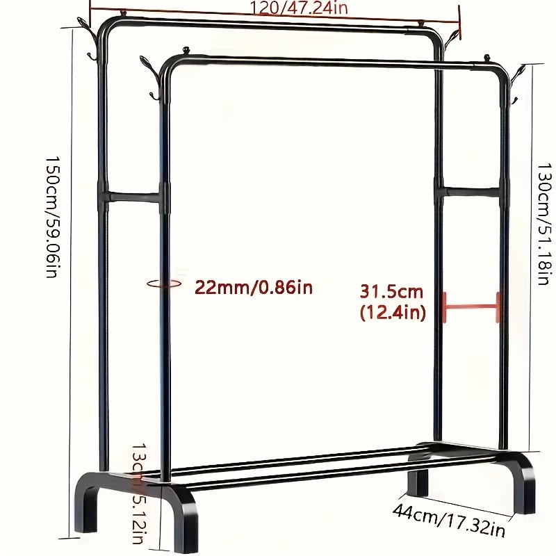 Durable Multipurpose Coat Rack, Double Rod Clothes Hanging & Drying Rack