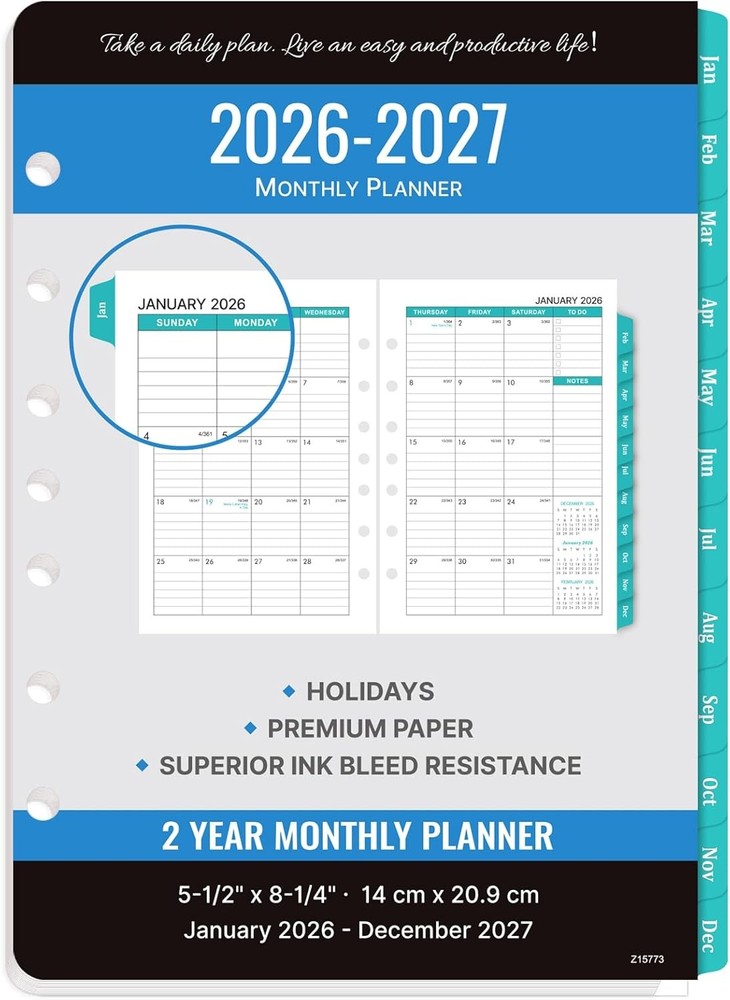 2026-2027 Monthly Planner Refill - Inserts 5-1/2" x 8-1/2", black