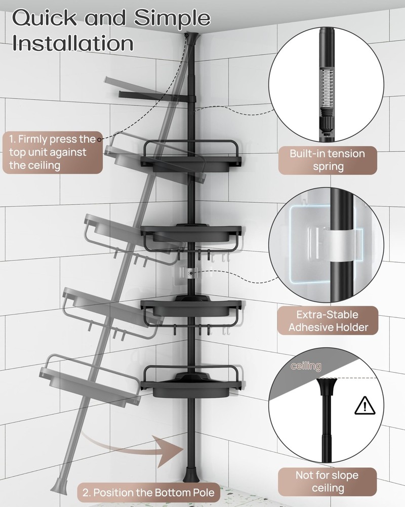 ALLZONE Corner Shower Caddy Tension Pole, Extendable Rustproof Stainless Stee...